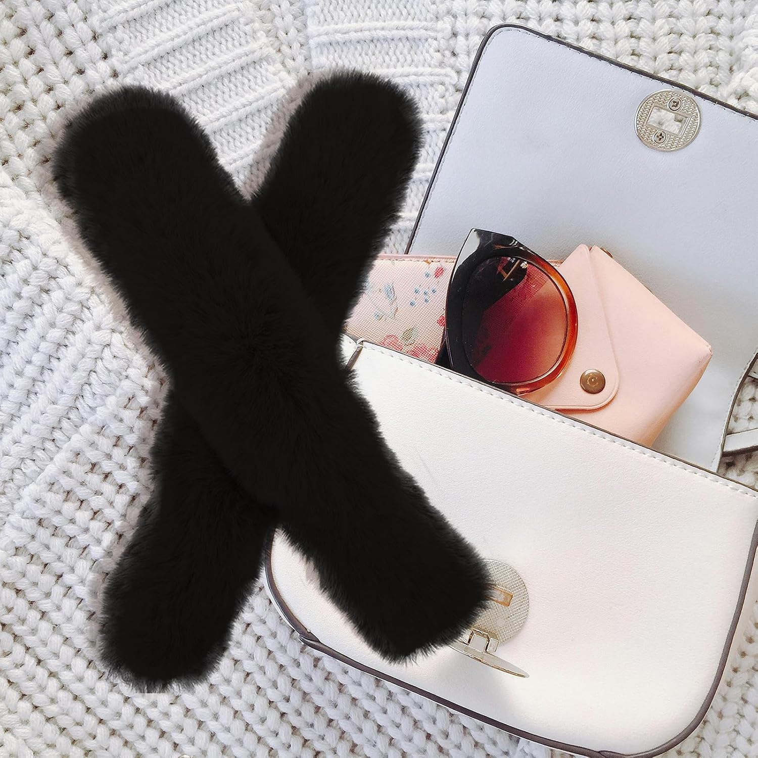 IDEANATEGRATE 2pcs Plush Purse Chain Strap Protector - 12" Faux Fur Bag Strap Cover/Protector Zippered - Shoulder Handbag Chain Cover for Tote - DIY Bag Accessories