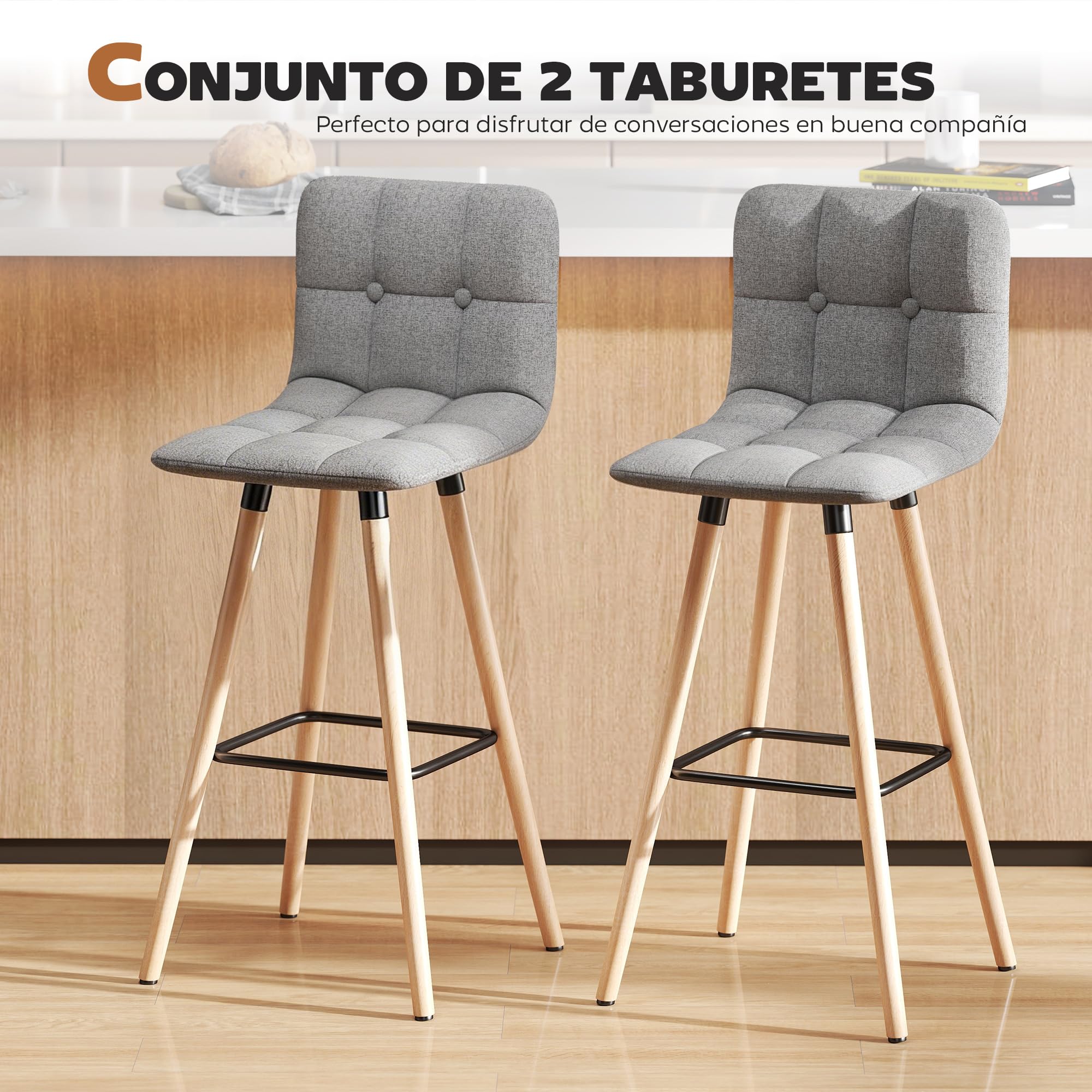 HOMCOM Juego de 2 Taburetes de Bar Taburetes Altos de Cocina Gris | Respaldo, Reposapiés, Patas de Madera, Estilo Moderno, Sillas Altas para Comedor, Salón, Bistró