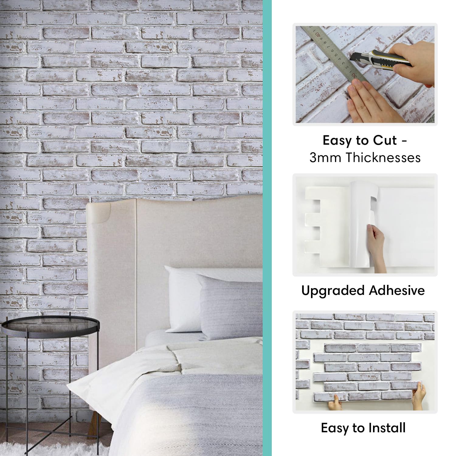 Commomy 3D Wandpanele Selbstklebend Wandverkleidung Steinoptik,12 Stück,58 x 30 cm, Hochwertige PVC Wandpaneele Ziegelstein Wasserdicht für Innenwandekoration(White and Gray Brick)
