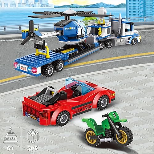 Miniatura 6 de Juego de construcción de camiones y remolques de policía de la ciudad, compatible con auto de policía Lego con camión de remolque, helicóptero,