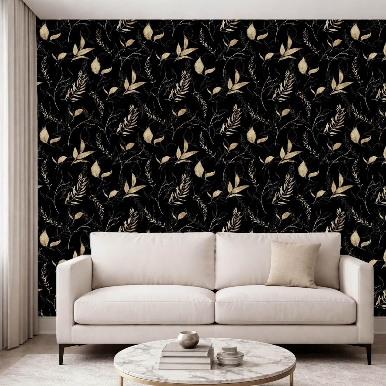 Dark Black and Gold Leaf Peel and Stick Wallpaper Removable Waterproof Wallpaper for Bedroom and Accent Walls Renter Friendly 17.7" x 354"