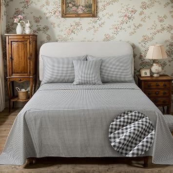 FADFAY Black Plaid Cal King Size Sheets 100% Cotton Geometric Checker Bedding Teens Grid White Gingham Pattern College Bedding Deep Pocket Sheets with 2 Pillowcases Ultra Soft 4pcs, Cal King Size