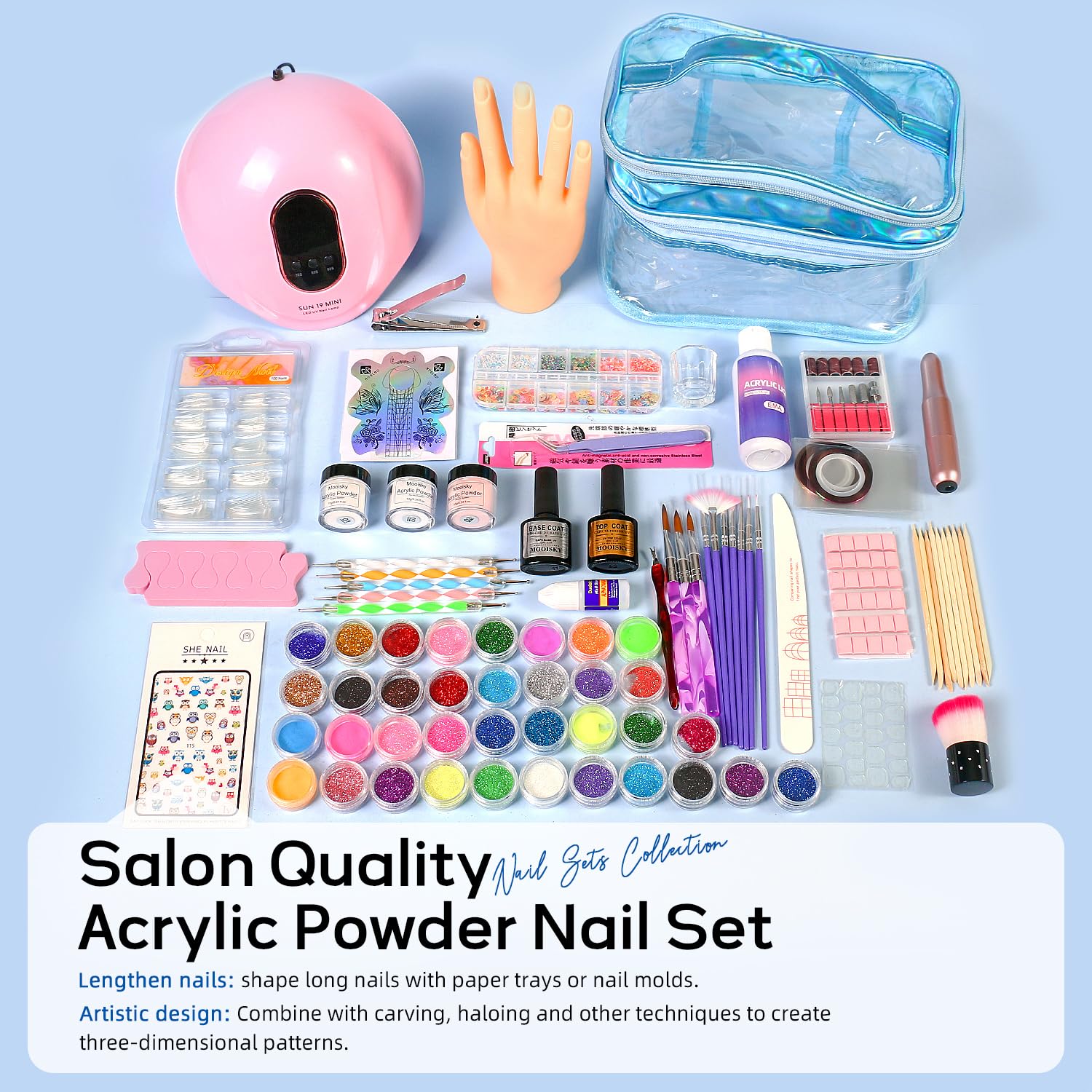 Major Dijit Acryl Nägel Starterset mit LED UV Lampe Acrylpulver, Nagelfräser, Nageldesign Set, Nagelbürste, Nagelspitzen, Topcoat & Basecoat – Komplett Set Maniküre zu Hause