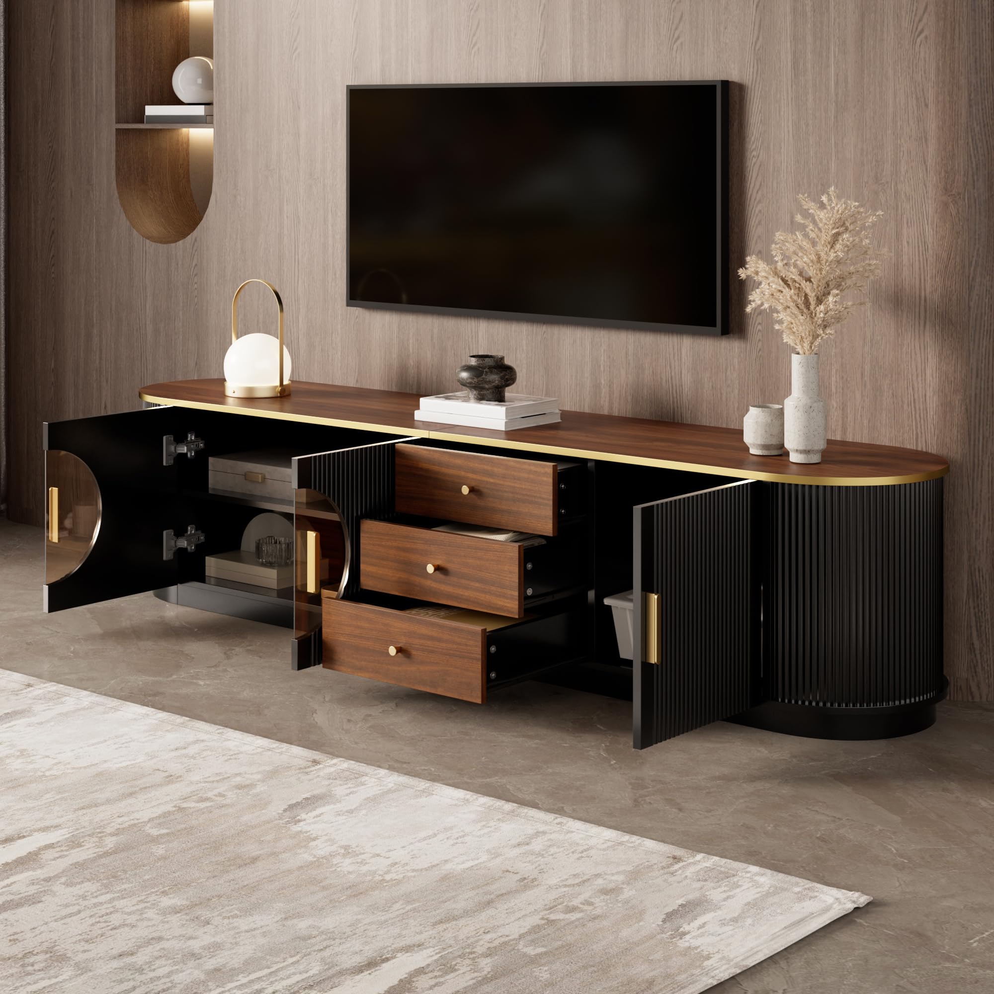 Luxusstil TV-Schrank, Lowboard, Braunes Glas, MDF-Korpus, Aluminiumgriffe, abgerundete Kanten, vertikale Rillenoptik