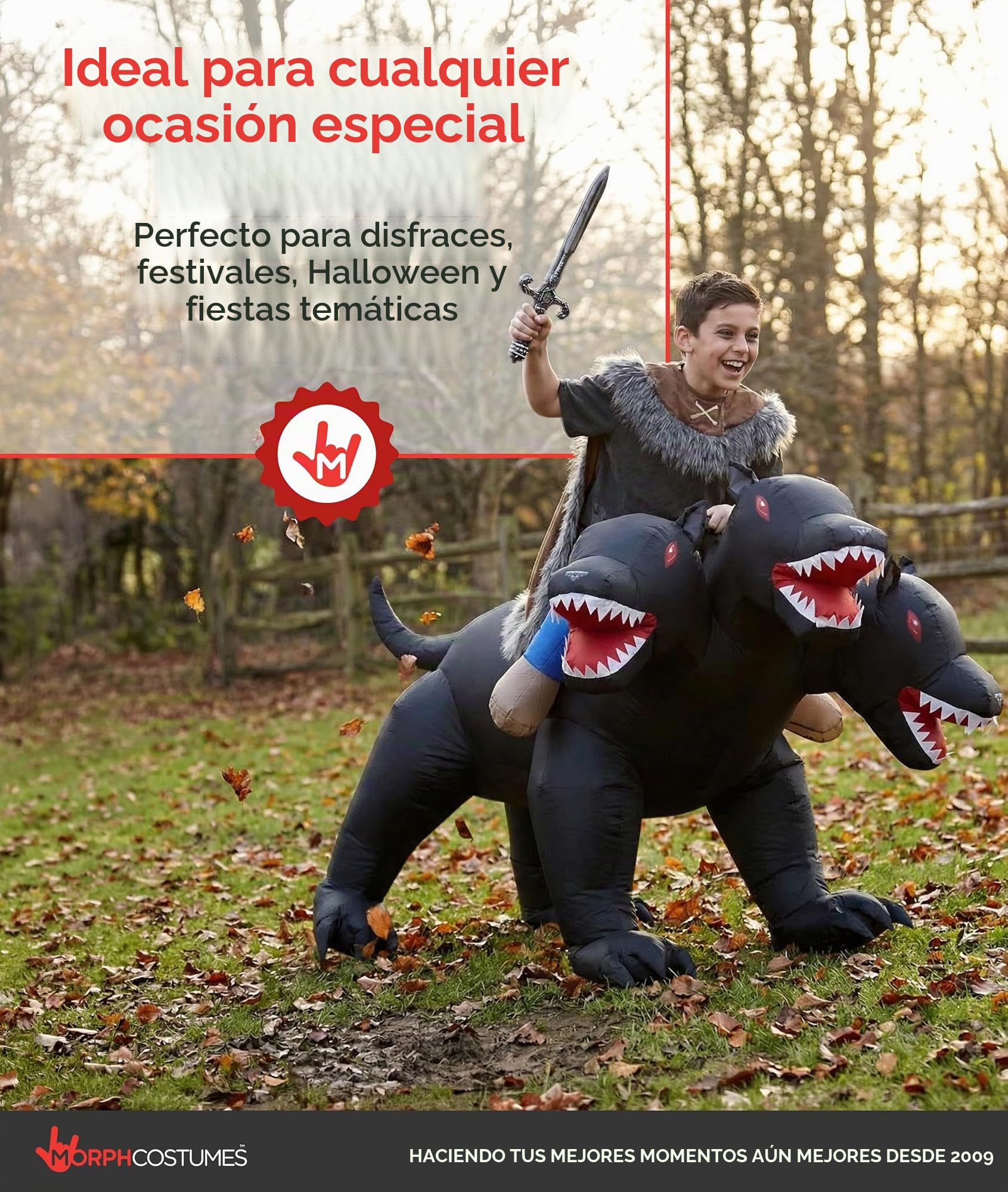 Morph Disfraz Cerbero Hinchable Niño, Disfraz Hinchable Halloween Niño | Traje de Una Pieza & Montura, Perro de Tres Cabezas, Se Infla en Segundos, Perfecto para Halloween, Siempre un Éxito