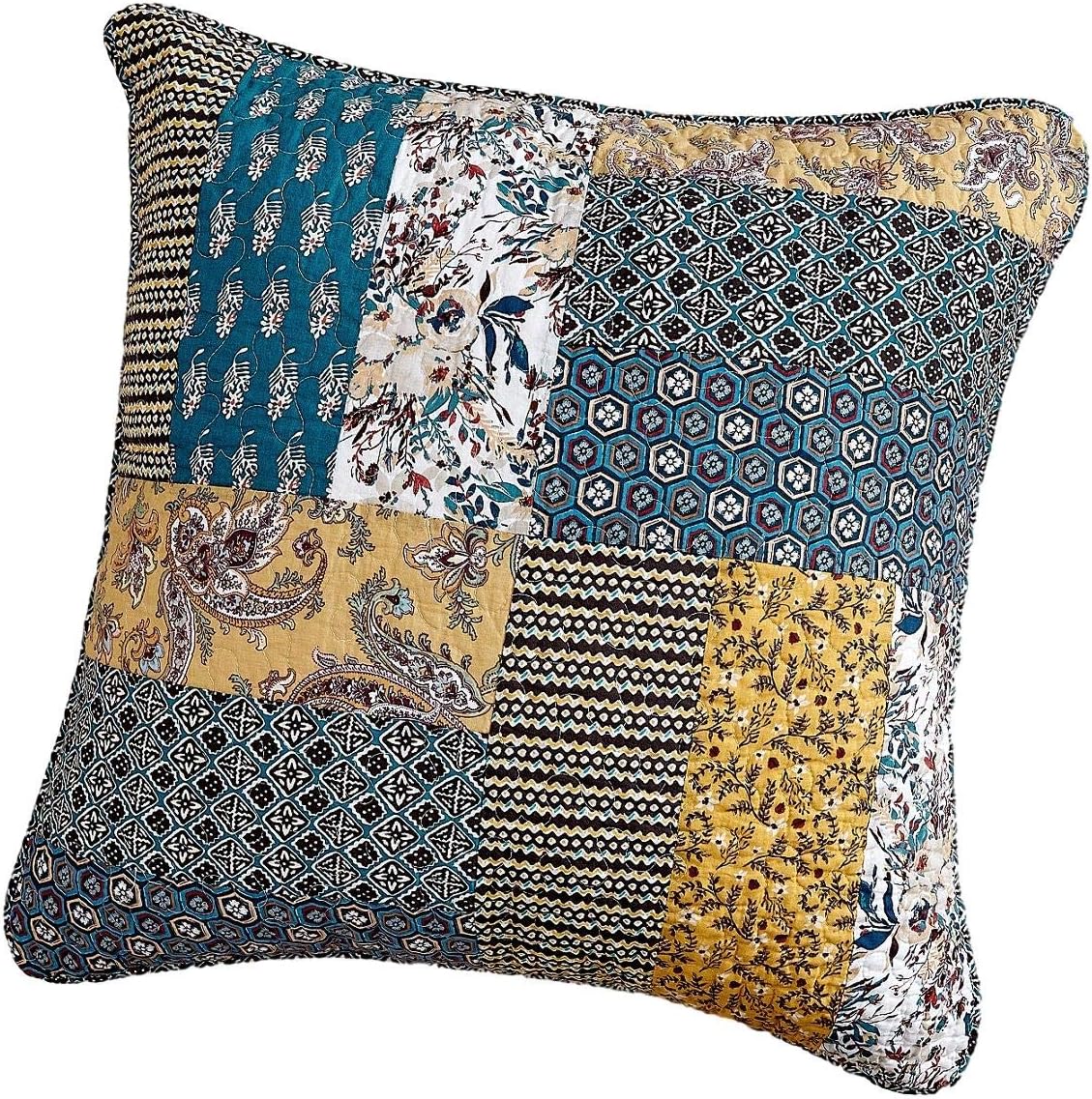 DaDa Bedding Set of 2 Pieces Floral Throw Pillow Covers - Honey Cove Patchwork Farmhouse Cottage Garden - Square Cotton Cushions Multi Colorful Yellow Navy Blue - 18" x 18" - 2-Pieces