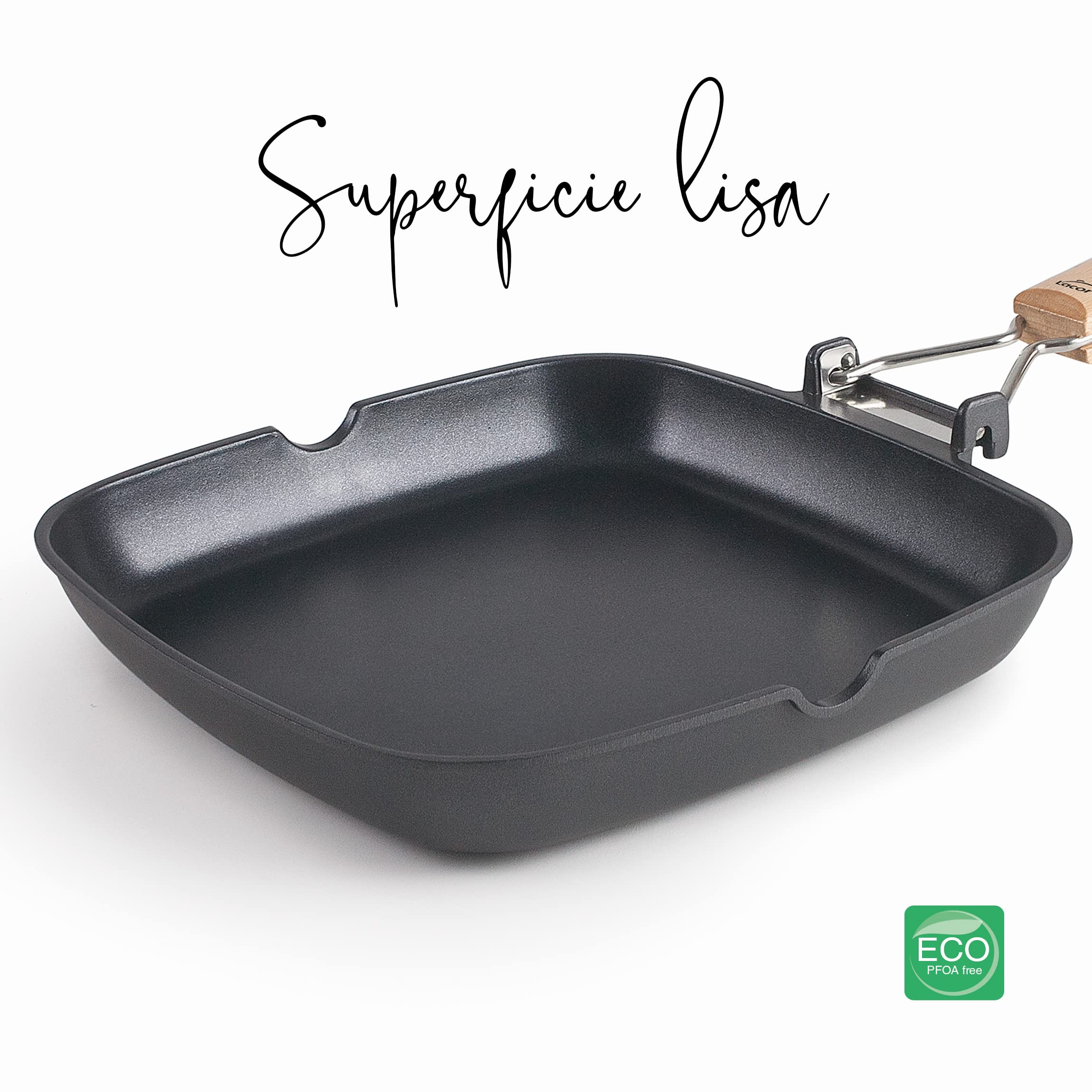 Lacor - 25158 - Gładka Patelnia Z Odlewu Aluminiowego, Podwójna Warstwa Nieprzywierająca, Składany Uchwyt Z Drewna Dębowego, Pełny Spód Indukcyjny, Nadaje Się Do Indukcji, 28 X 28 X 3,8 Cm, Czarny