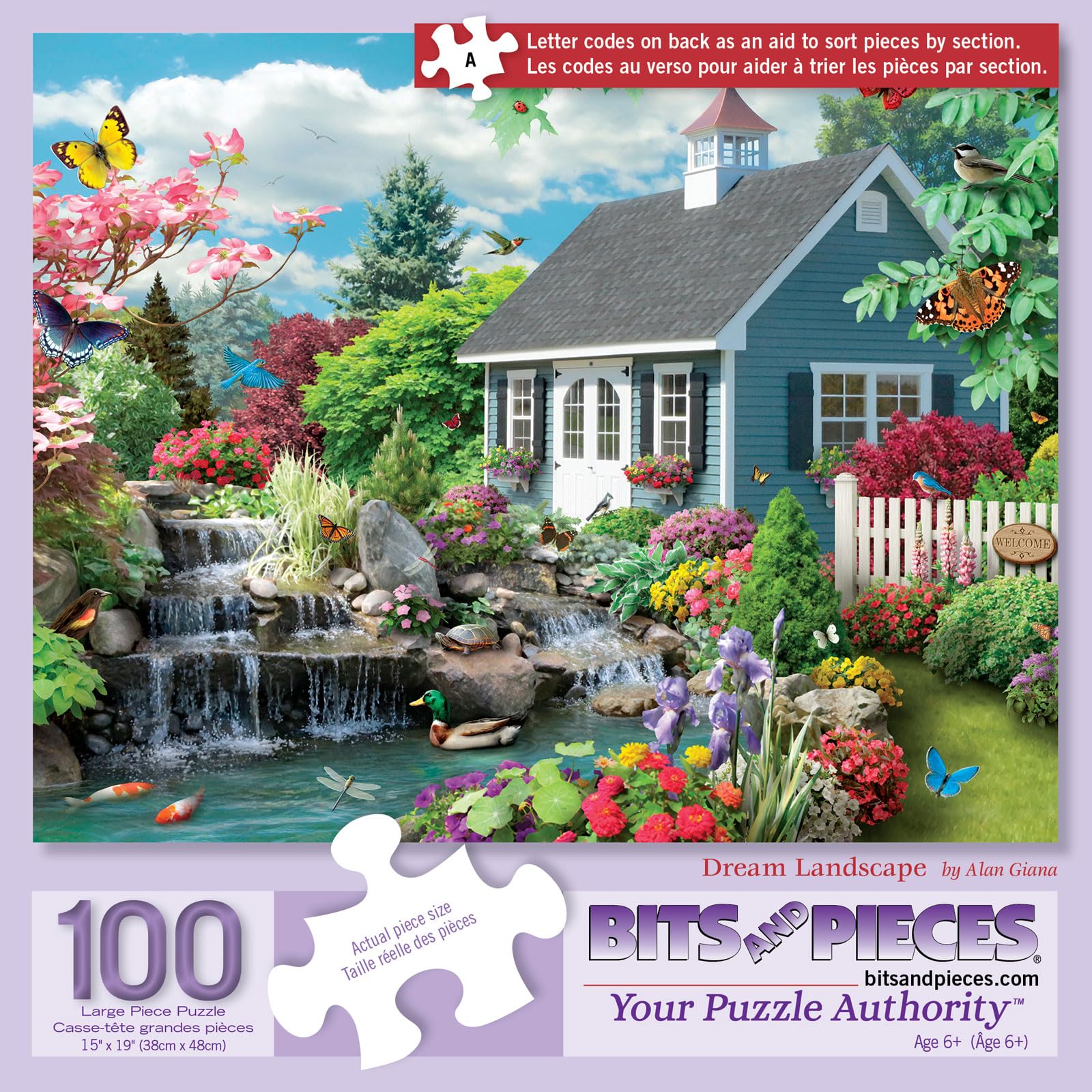 Bits and Pieces - 100 Piece Jigsaw Puzzle for Adults 15" x 19" - Dream Landscape - 100 pc Spring Scene Flower Garden Stream Nature Cottage Birds Butterfly Jigsaw by Artist Alan Giana