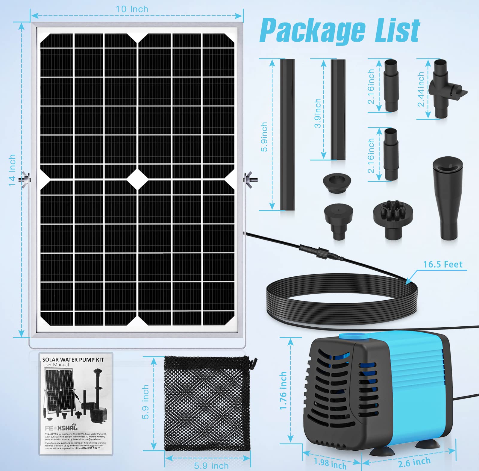 Bomba solar para estanque y fuente de 15 W, caudal 720 L/h, cable extensible de 5 m, 4 modelos de pulverización y bolsa de filtración, ideal para estanques e instalaciones de agua