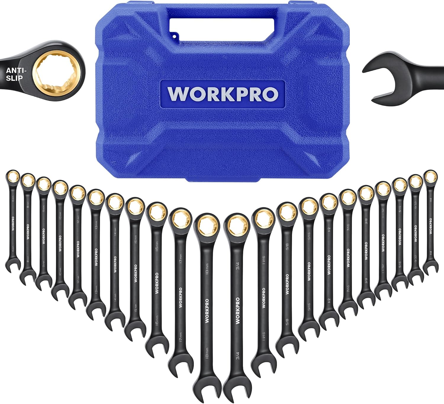 WORKPRO 22-Piece Ratcheting Wrench Set, Anti-slip Teeth, Ratchet Combination Wrench Sets with Organizer Box, Metric 6-18mm & SAE 1/4-3/4", Black Electrophoretic Coating Regular