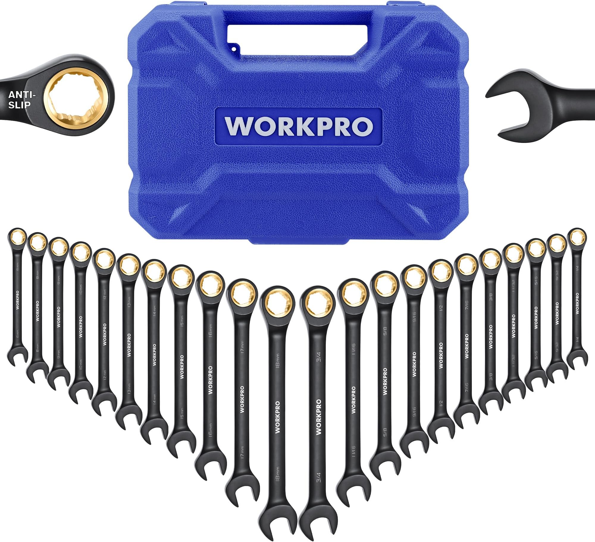 22-Piece Ratcheting Wrench Set, Anti-slip Teeth, Ratchet Combination Wrench Sets with Organizer Box, Metric 6-18mm & SAE 1/4-3/4", Black Electrophoretic Coating