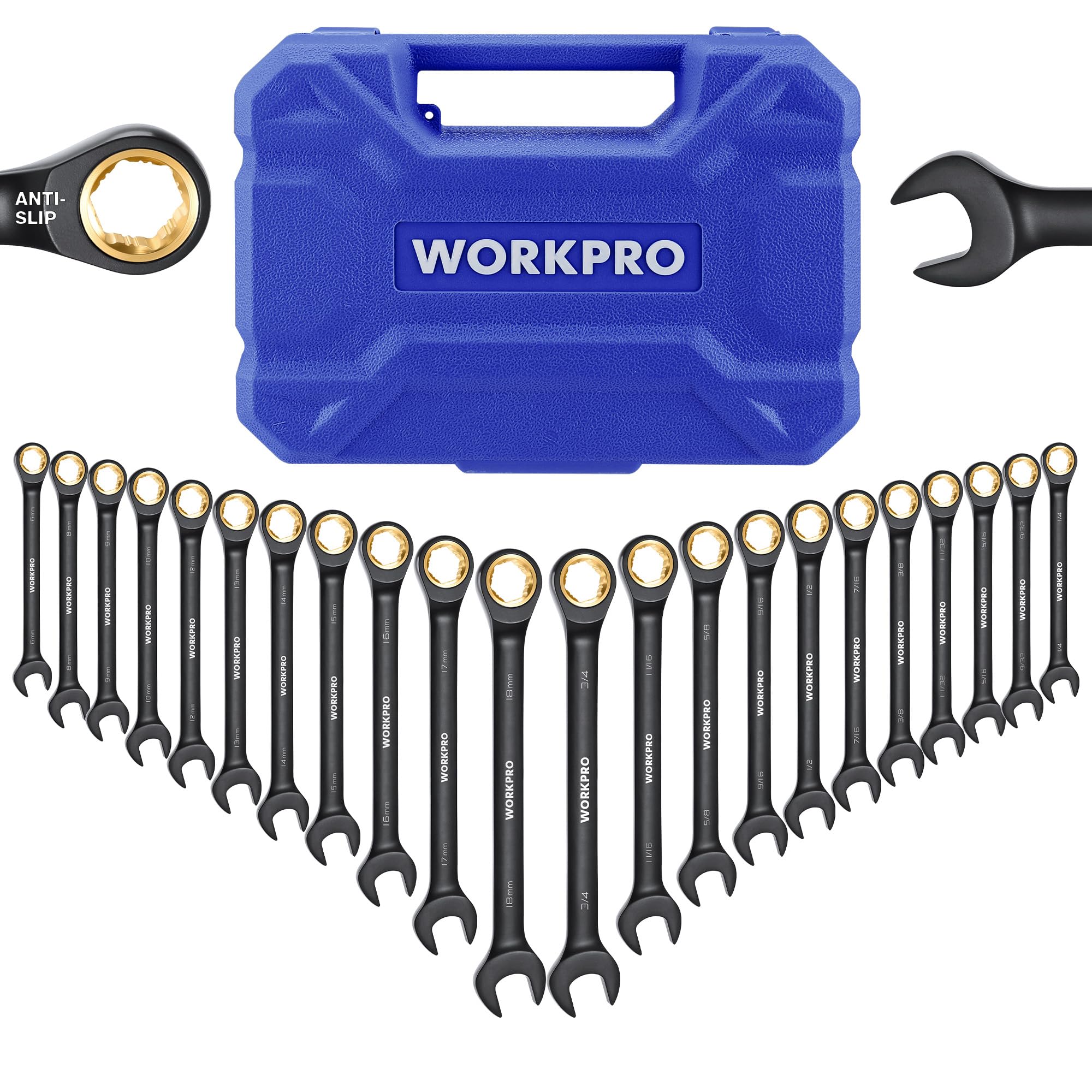 WORKPRO 22-Piece Ratcheting Wrench Set, Anti-slip Teeth, Ratchet Combination Wrench Sets with Organizer Box, Metric 6-18mm & SAE 1/4-3/4", Black Elect