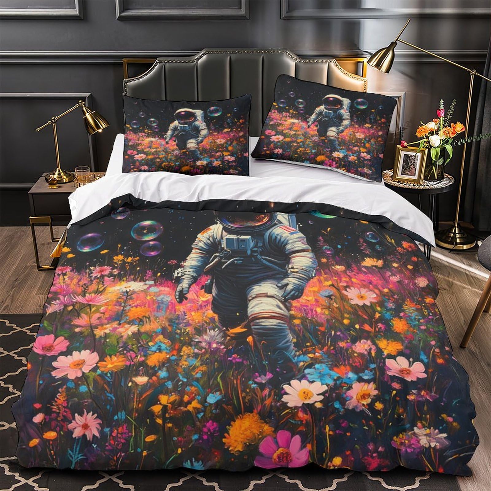Astronaute Marchant 3D Housse de Couette 200x200cm Microfibre pour Lit Double