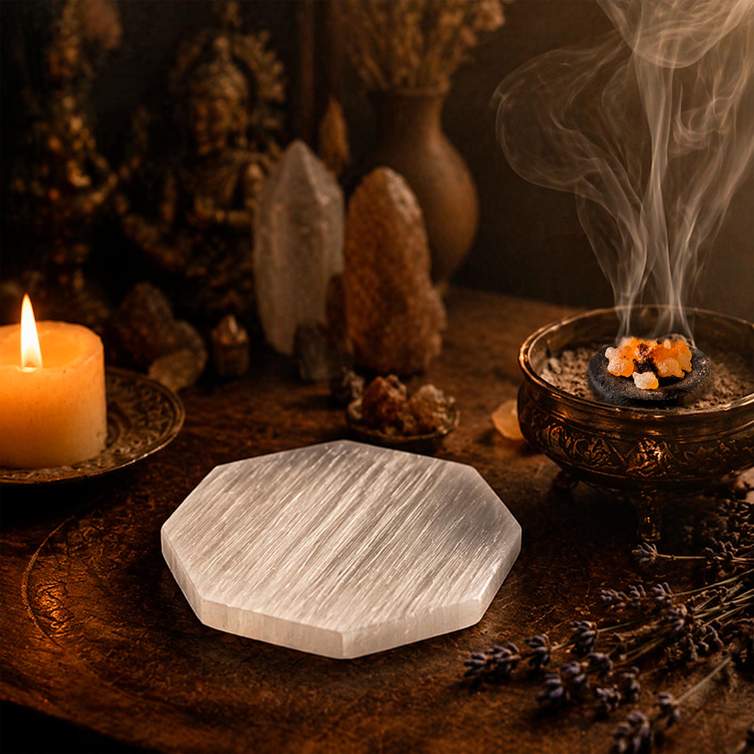 NKlaus Piastra di ricarica Selenite Hexagon 7-8 cm - Pietra di energia per ricarica di pietre preziose, Reiki e pulizia spirituale, ideale per meditazione, lavoro chakra e feng shui