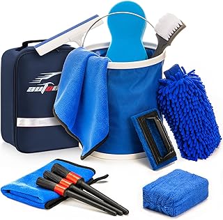 AUTODECO 12Pcs Boat Wash Cleaning Kit with Collapsible Bucket Wash Sponge Mitt Microfiber Towel Squeegee Scrub Pads Brushes Complete Interior Exterior Cleaning Set for Boat