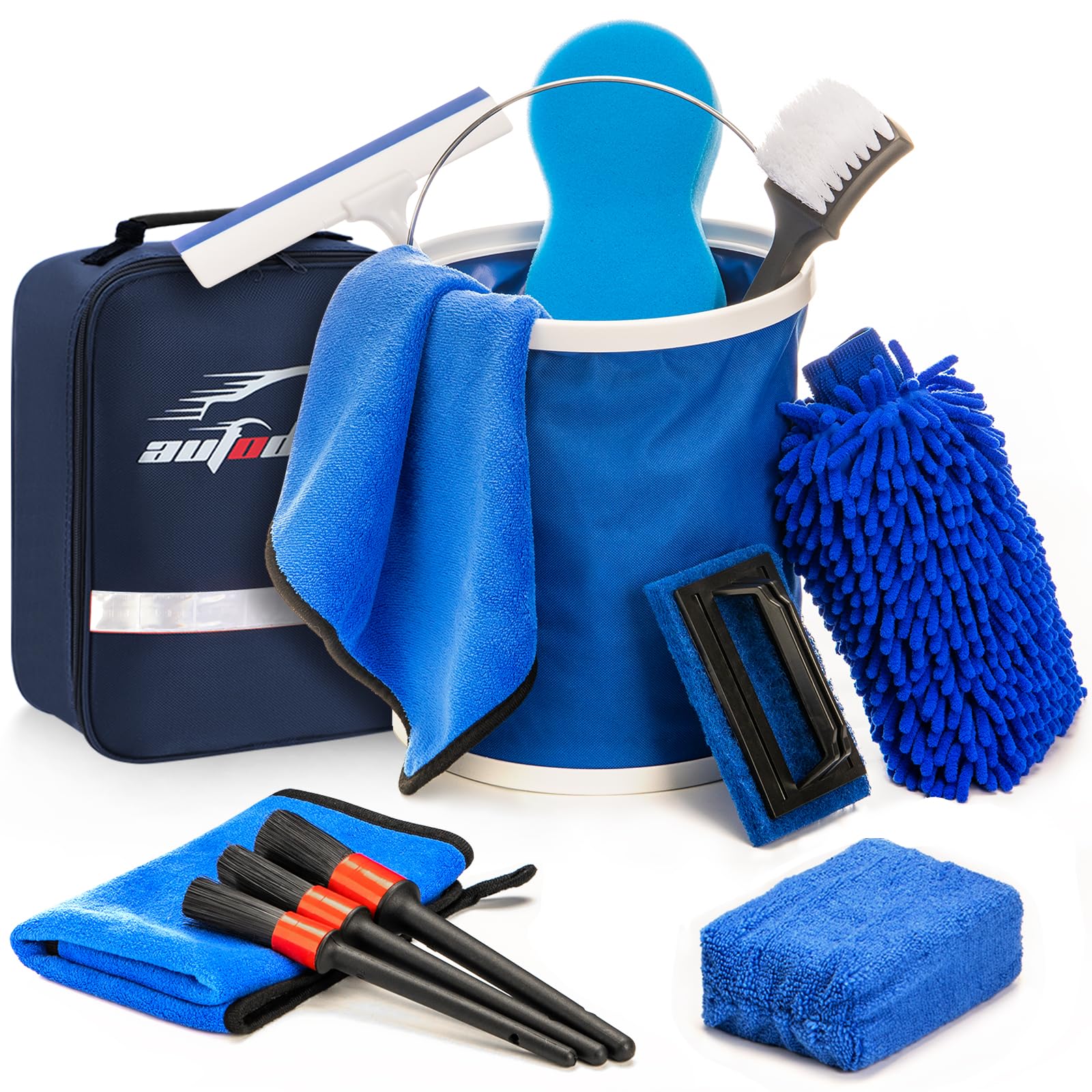 AUTODECO 12Pcs Boat Wash Cleaning Kit with Collapsible Bucket Wash Sponge Mitt Microfiber Towel Squeegee Scrub Pads Brushes Complete Interior Exterior Cleaning Set for Boat