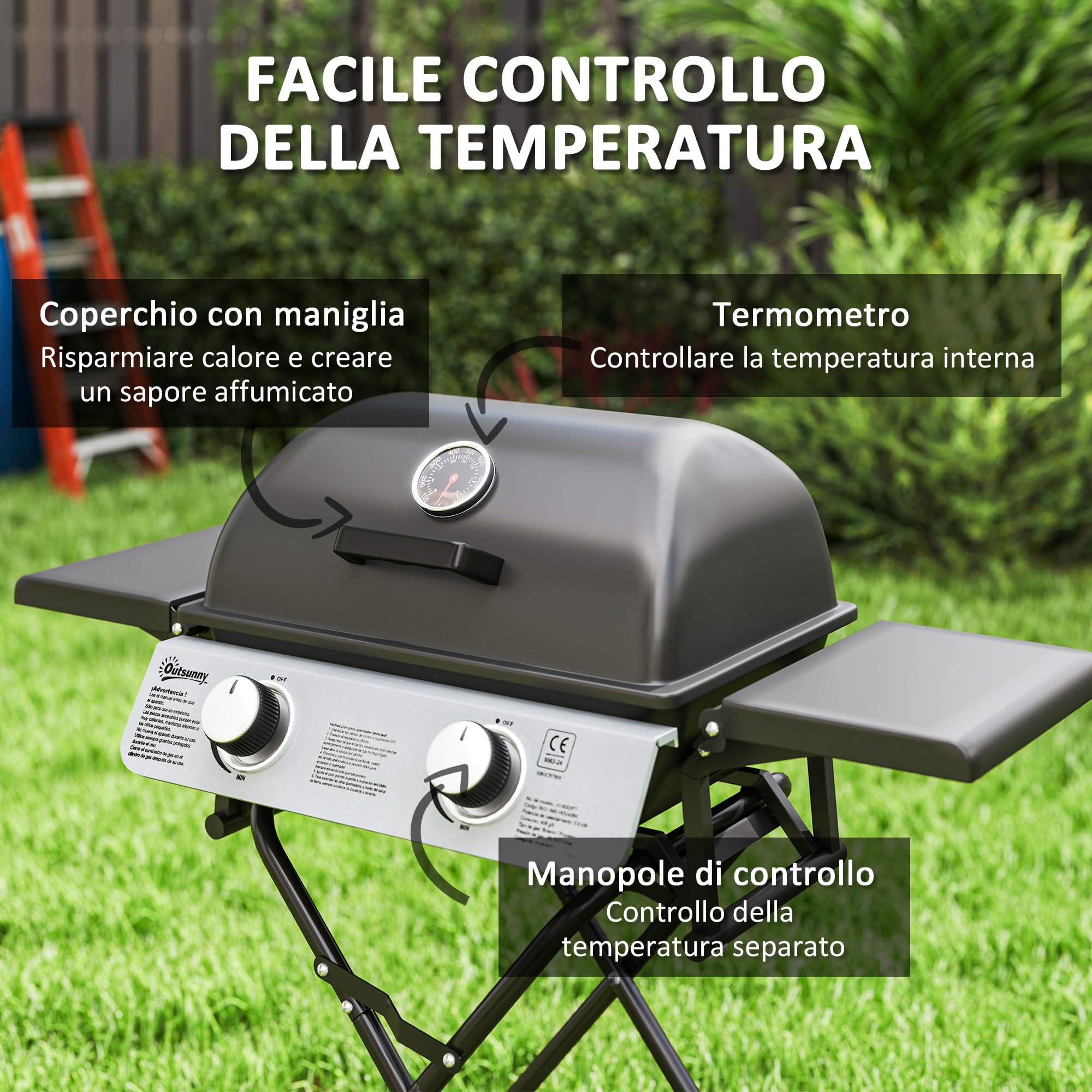 Outsunny Barbecue a Gas in Acciaio, BBQ a Gas a 2 Bruciatori da 2.8 KW con Coperchio, Termometro, Ruote, Griglie, Tavolino Laterale e Vaschetta Raccogli Grasso, Regolatore, Nero