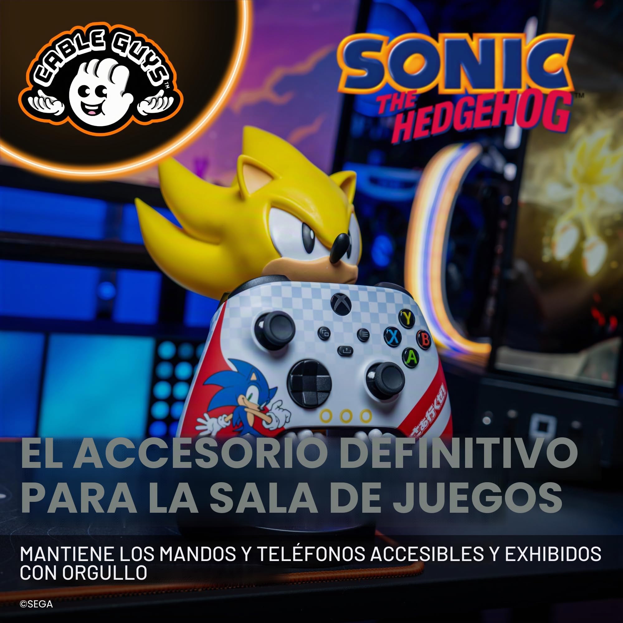 Cableguys Super Sonic Soporte Mando y Movil - Figuras Soporte para movil y Mando, Compatible con Xbox, PlayStation y la mayoría de mandos estándar, Accesorios Escritorio para Setup Gaming