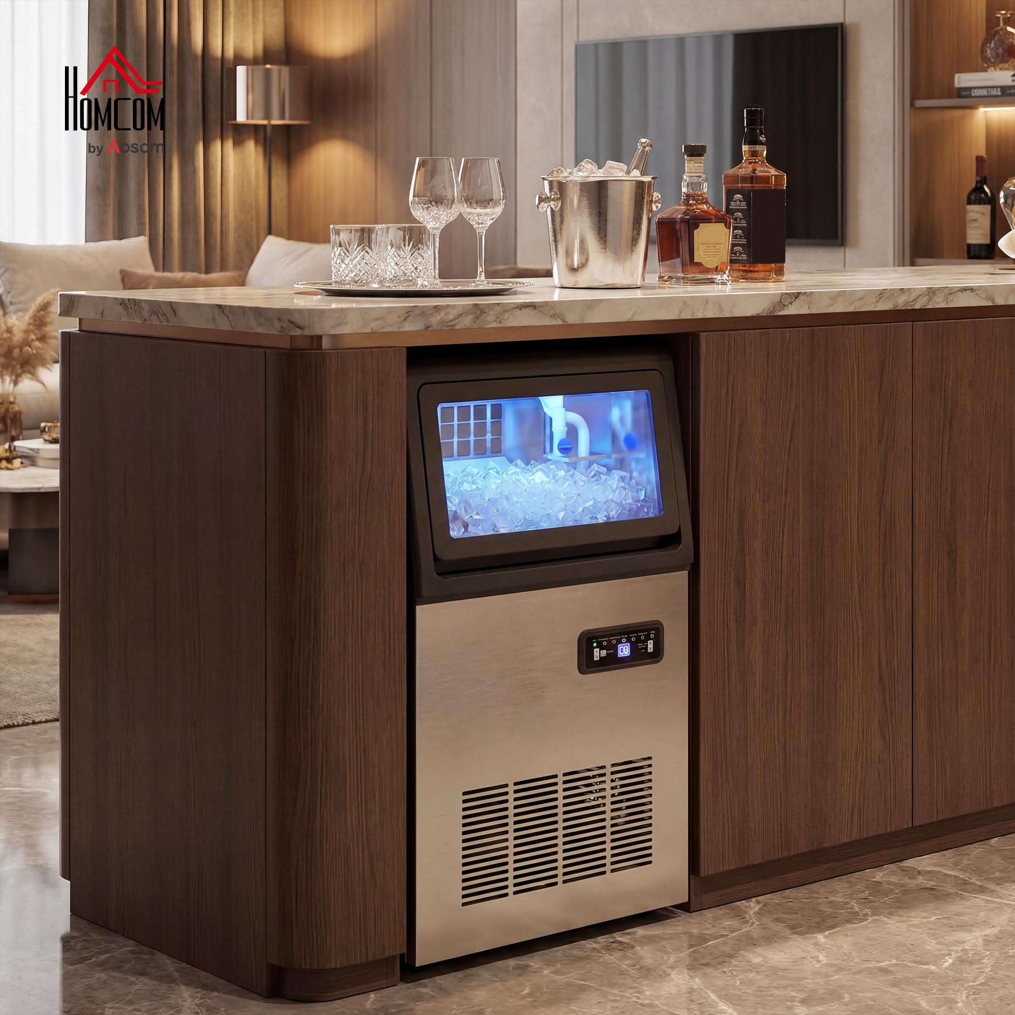 HOMCOM Macchina per cubetti di ghiaccio commerciale 45 kg/24 H autopulente Gelatiera con 7,5 kg di memoria, timer, Ice Maker Machine in acciaio inox con paletta per ghiaccio per bar, ufficio