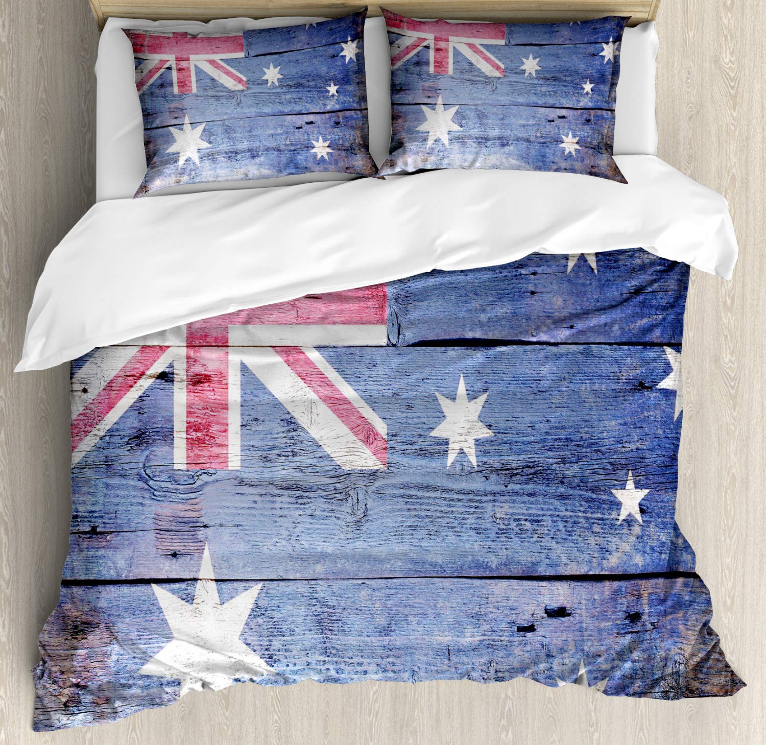 Lunarable Australia Duvet Cover Set, Australian Flag Painted on Old Wooden Look Background, Decorati
