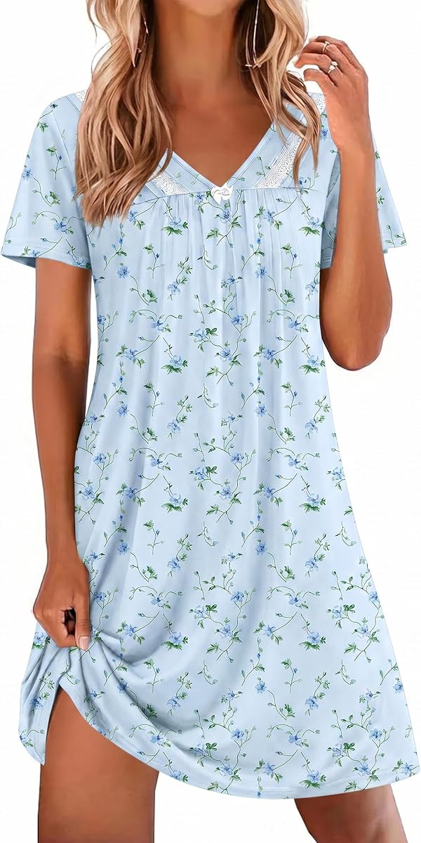 Nightgowns for Women V Neck Sleepshirt Short Sleeve Nightdress Lace Trim Night Gown House Dress with Pockets