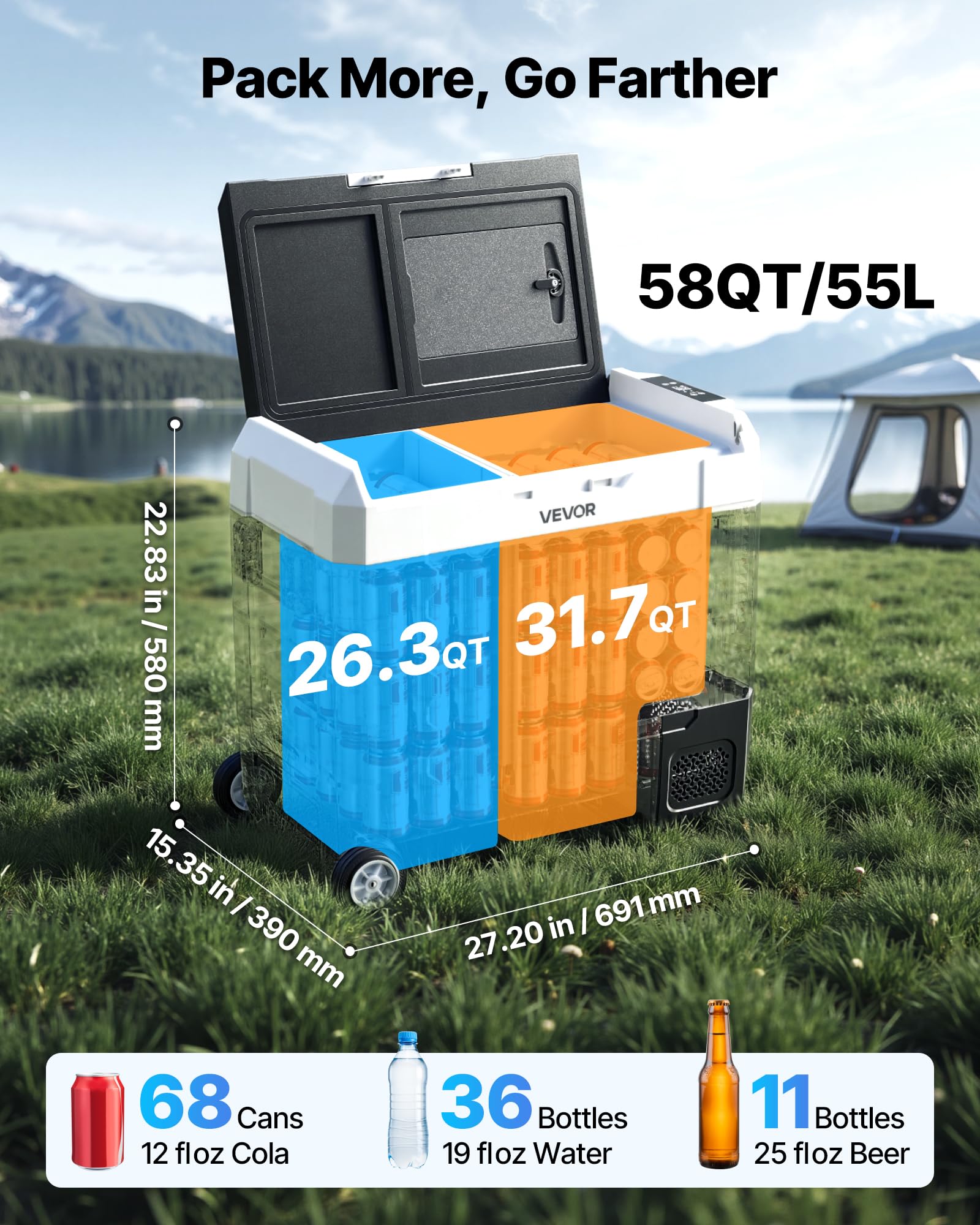 VEVOR Frigorifero Portatile a Compressore da Auto CC 12V/24V CA 100-240V, Frigo Portatile per Campeggio Viaggio Pesca Capienza 55 Litri Contenitore -20 a 20 °C Doppia Zona per Caravan