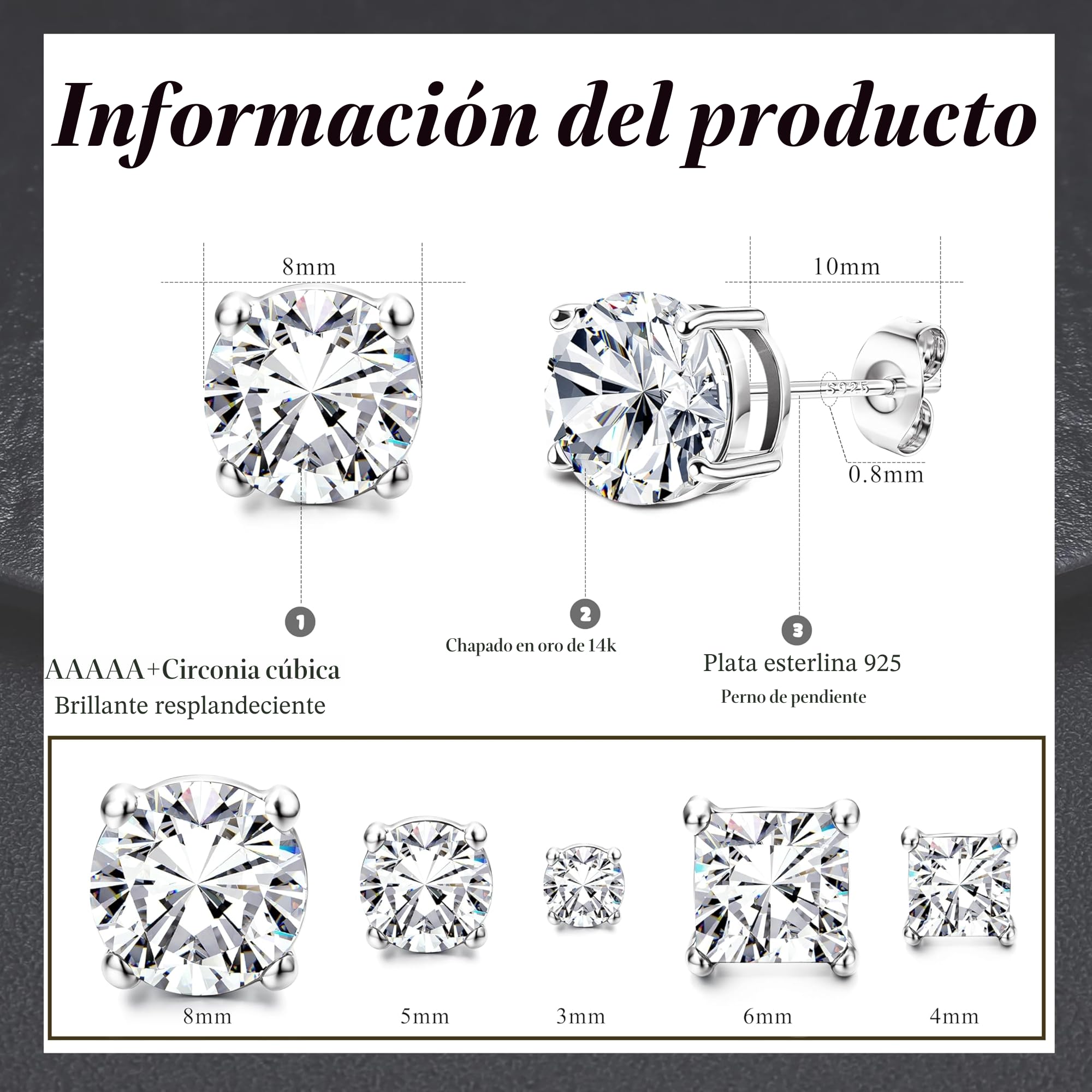 Pendientes de plata de ley 925 para hombre 5 pares de pendientes chapados en oro de 14k para las mujeres redondas y cuadradas de zirconia cúbica hipoalergénica arete tamaño 3/5/8mm