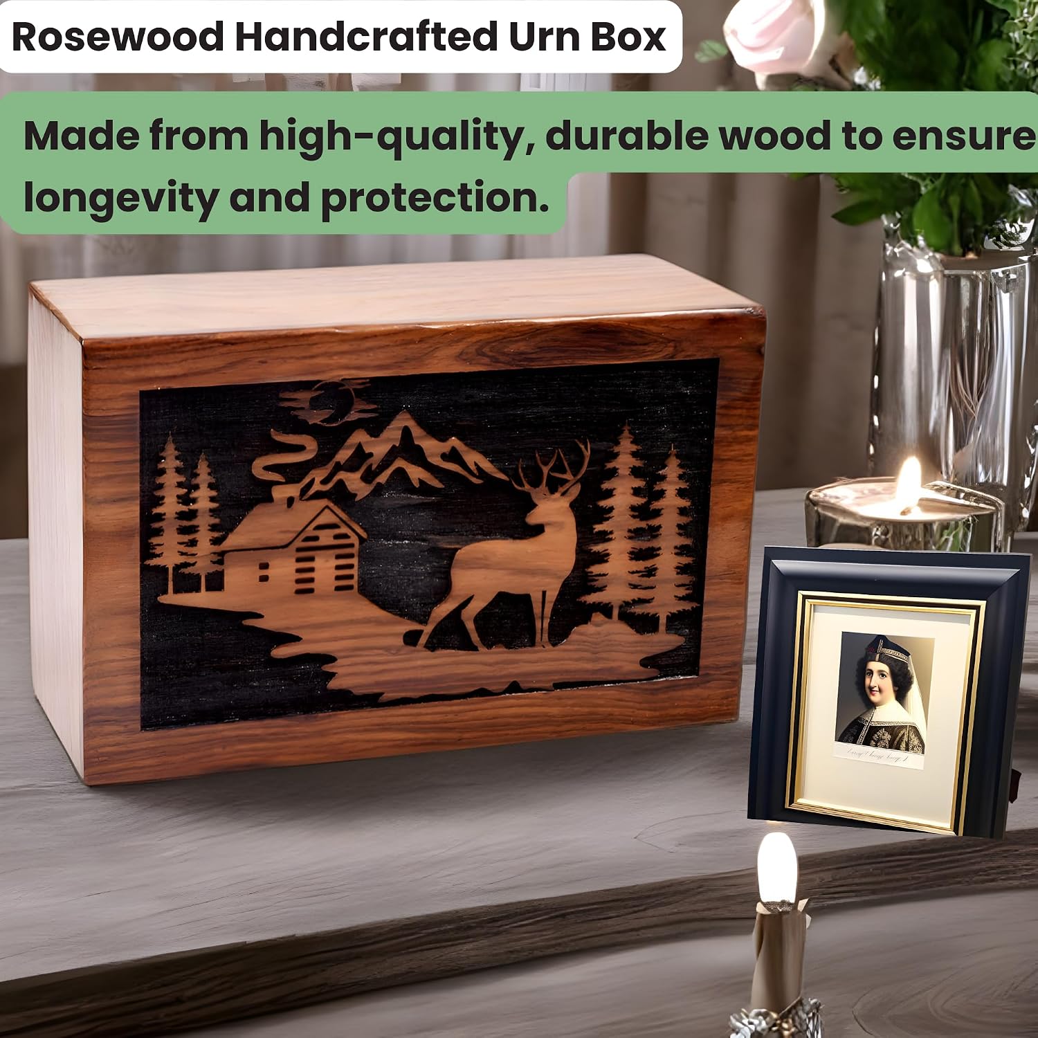 Handmade Wooden Cremation Urn for Human & Pet Ashes - Rosewood Urn Box (Medium, 180 Cu.In. Capacity)