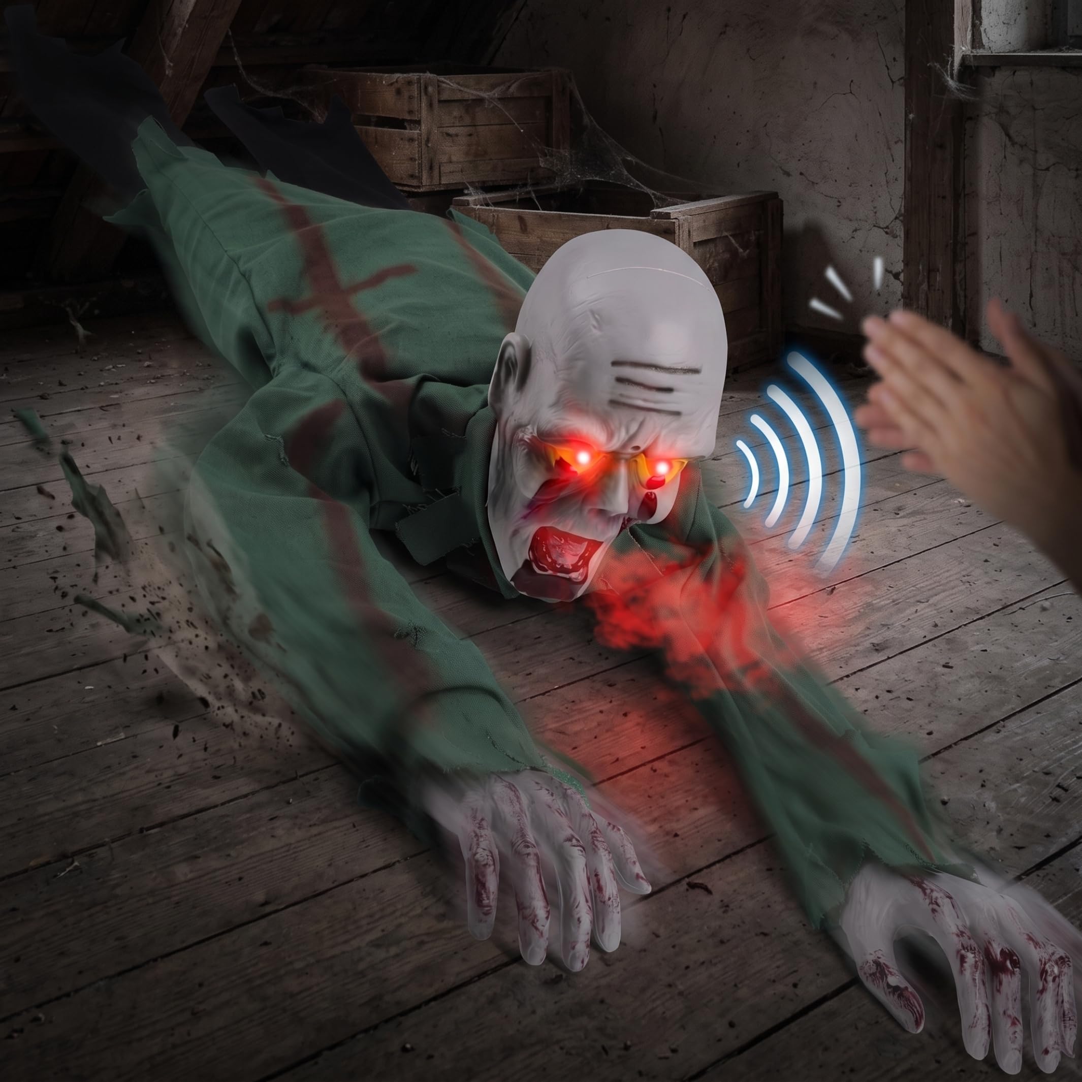 Décorations d'Halloween animatroniques Zombie rampant à commande vocale