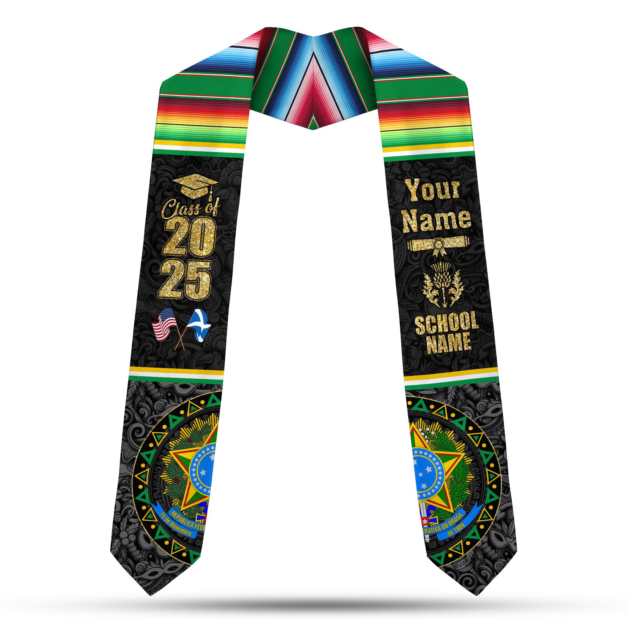 MonkeyVan Brazil Graduation Stole Custom Brazil American Flag Graduation Sash Brazilian Flag Graduation Stole Class of 2025 Bz14