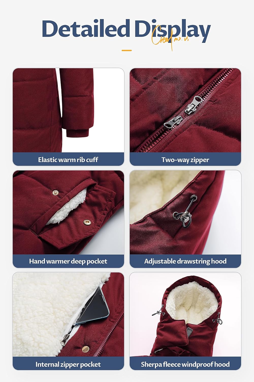 CREATMO US Women's Thicken Sherpa Winter Coat Puffy Warm Snow Jacket With Removable Hood - Image 6