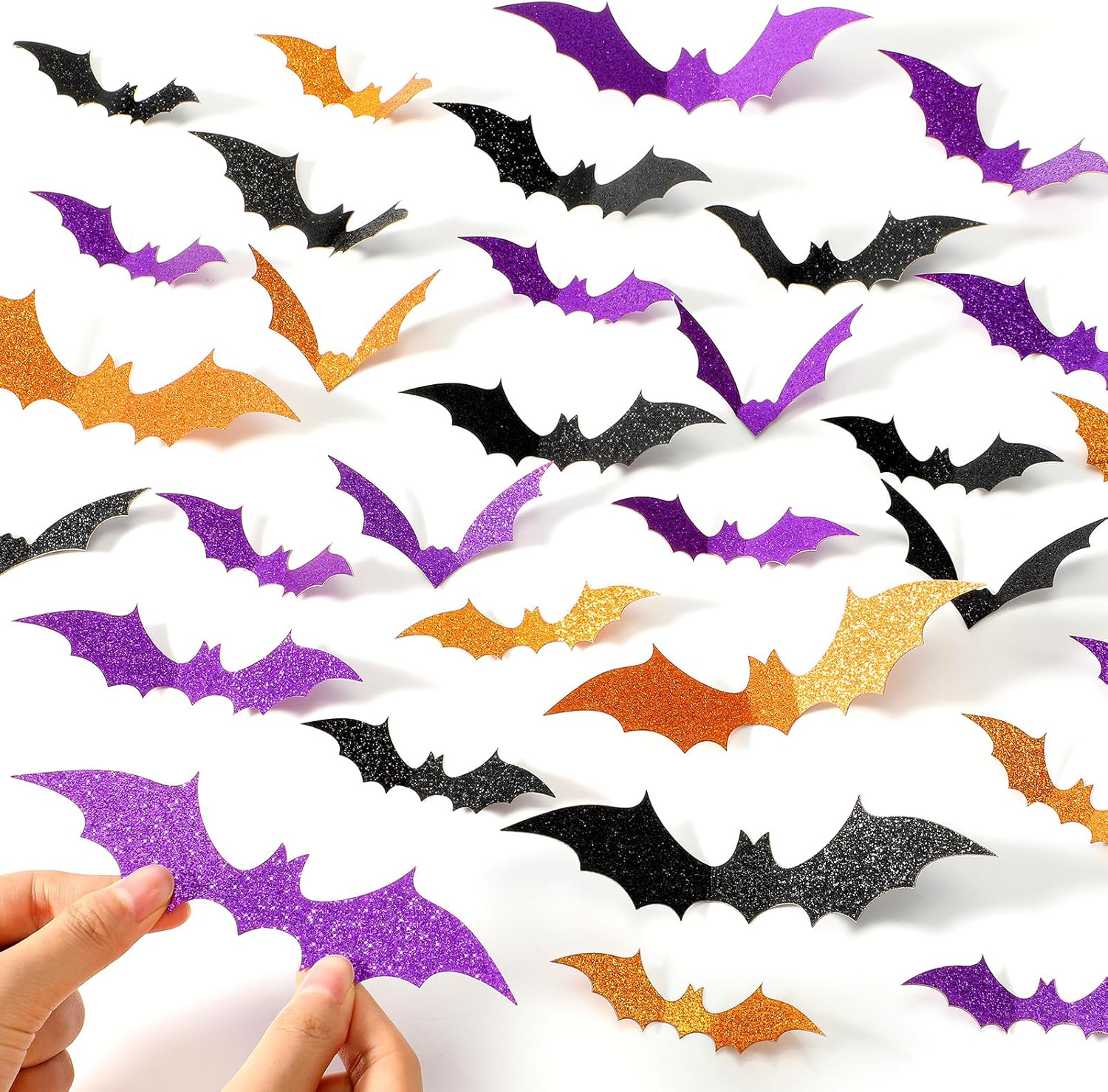 Cholemy 144 Pcs Halloween bat wall Stickers 3D Glitter Hanging Bats Halloween Decoration 4 Different Sizes with Adhesive Dots for Wall Door Patio Indoor Party Decor(Black, Purple, Orange)