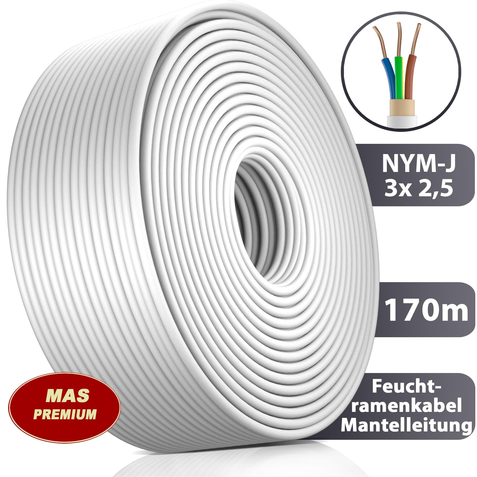 MAS Premium Cable de alimentación para ambientes húmedos, cable de alimentación de 5 – 200 m, NYM-J 3 x 1, 5 2,5 4 4 6 10 o 5 x 1,5 2,5 4 6 10 16 cable eléctrico para instalación fija (NYM-J 3 x 2, 5