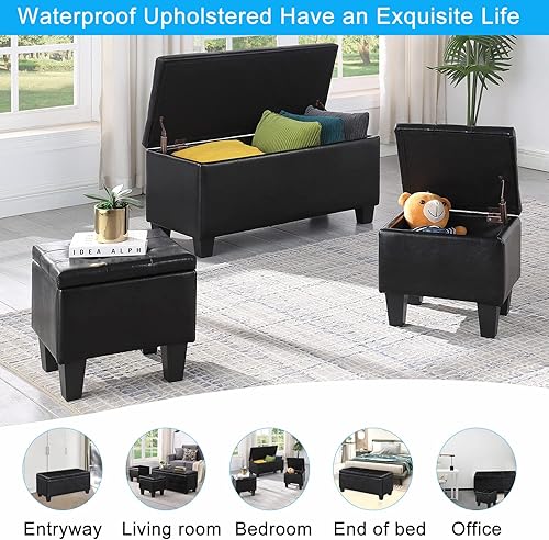 Miniatura 6 de Juego de otomana de almacenamiento y 2 reposapiés, banco tapizado capitoné de 38 pulgadas con asiento, taburetes otomanos rectangulares, parte