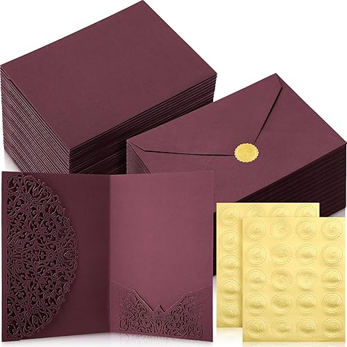 Miniatura 7 de PerKoop Juego de 100 invitaciones de boda cortadas con láser de 5 x 7 con sobres y calcomanías de sello de cera, tarjetas de invitación de boda en