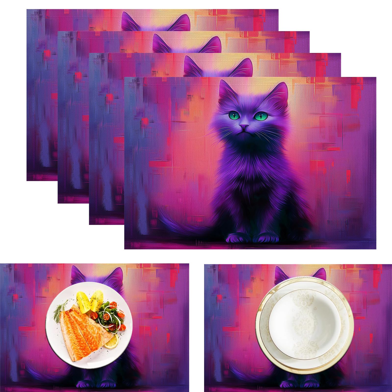 Set de table lavable chat violet en lin de 45x30 cm pour protéger votre table de salle à manger