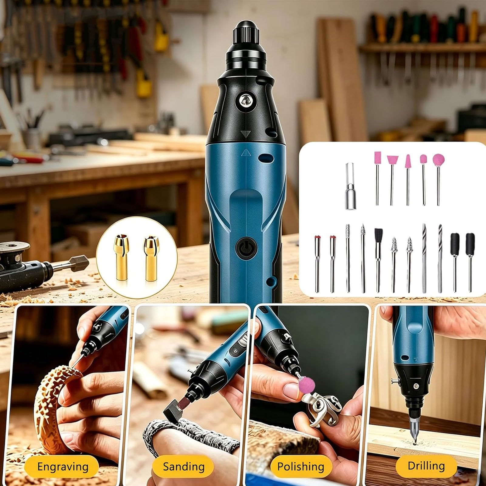 FTVOGUE Kit Utensile Rotativo Senza Fili, Set Multifunzione 4 in 1 per | Testine Intercambiabili, 5 velocità Fino a 19.000 Giri/min, Batteria 2000 MAh con Ricarica Type-C, Ideale per Bricolage e