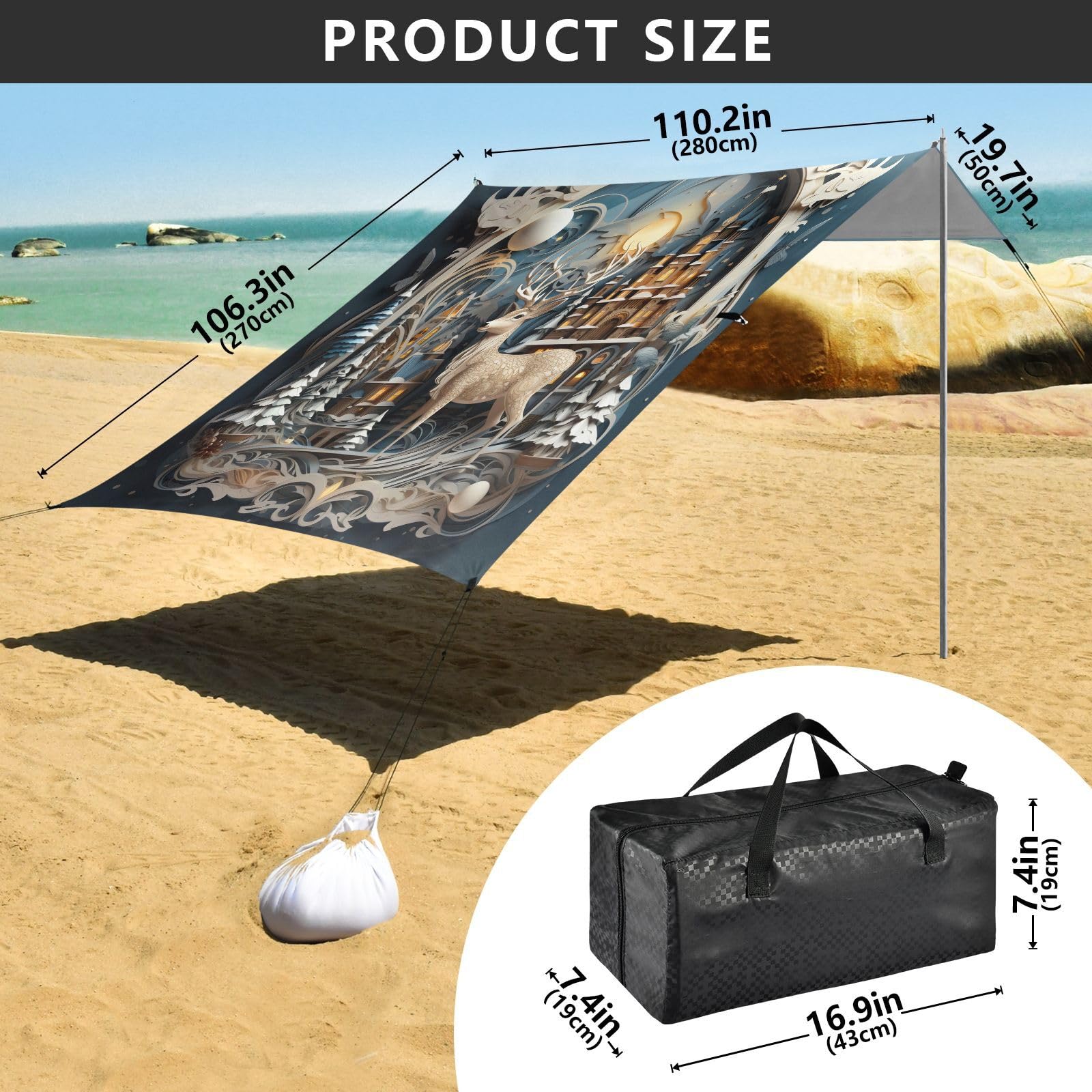 Ciervos De Arte De Navidad Tienda de Playa de FáCil Montaje,Toldo Parasol para Camping con Sacos de Arena,Palas y Estacas para Picnics Al Aire Libre