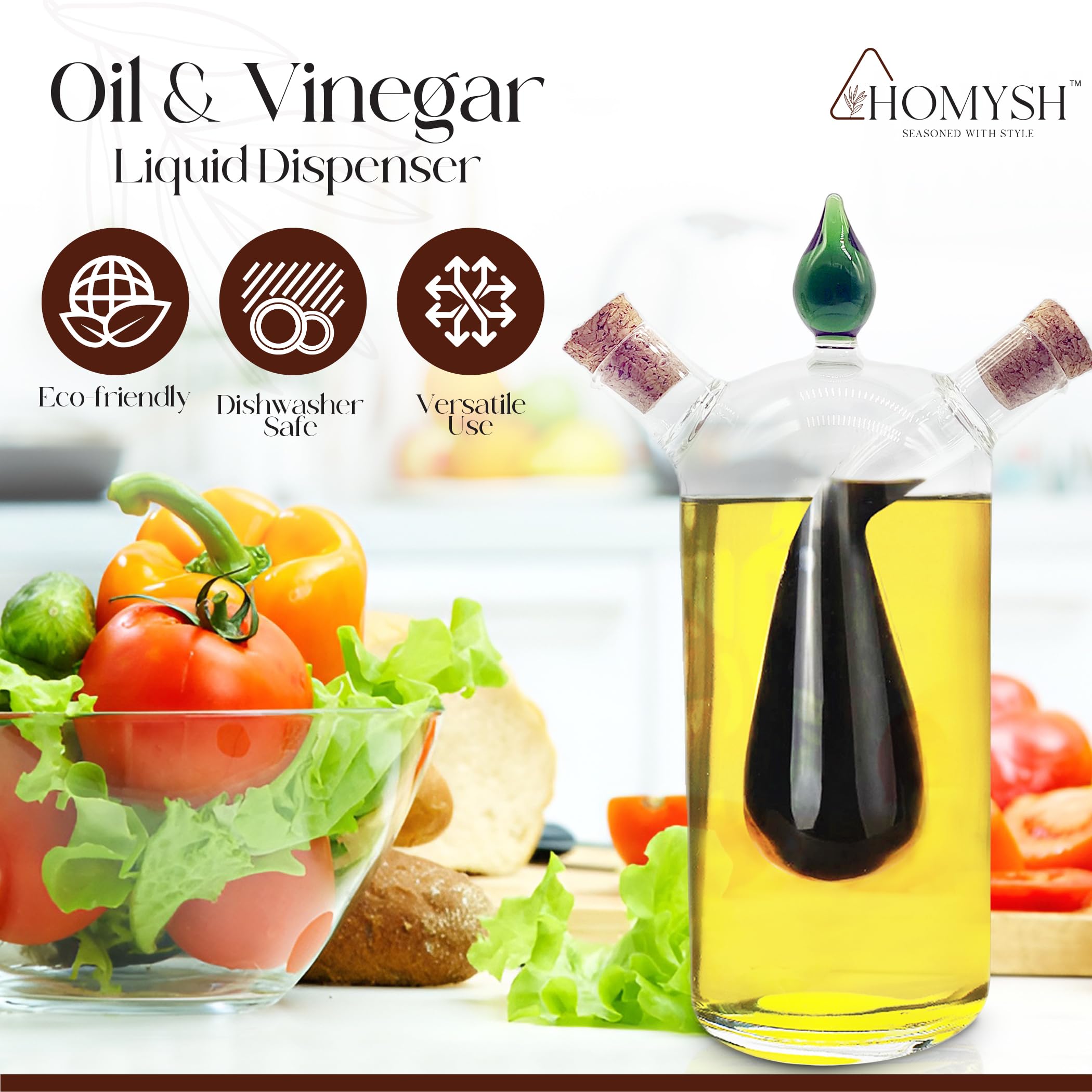 Homysh Oil and Vinegar Premium Dispenser, Beautiful and Elegant Olive Oil Dispenser Set for Your kitchen, Glass Bottle for Salad Dressing and Cooking, 15 Oz