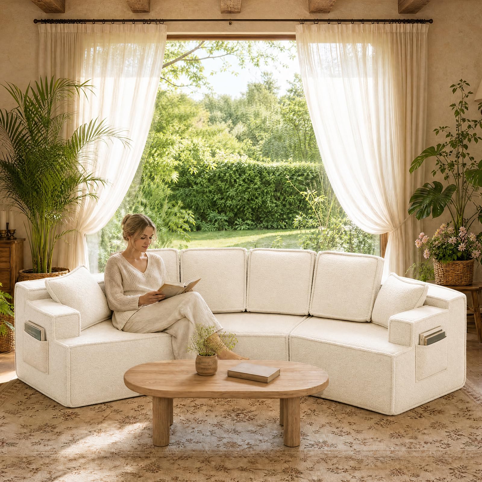 COMHOMA Sofa, modulares Schlafsofa, Polstersofa, 3-Sitzer Sofa, Flexible Sektionscouch,mit Aufbewahrungstasche, Couch mit schlaffunktion, Keine Montage erforderlich, Sherpa-Kunstfell-Bezug, Beige