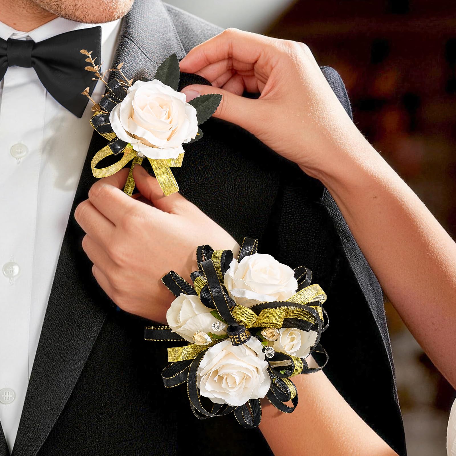 Photo 1 of Cilimnas Prom Corsage and Boutonniere Set Champagne,Artificial Silk Rose Wrist Corsage for Homecoming, Formal Dance Party, Wedding,Graduation,Anniversary