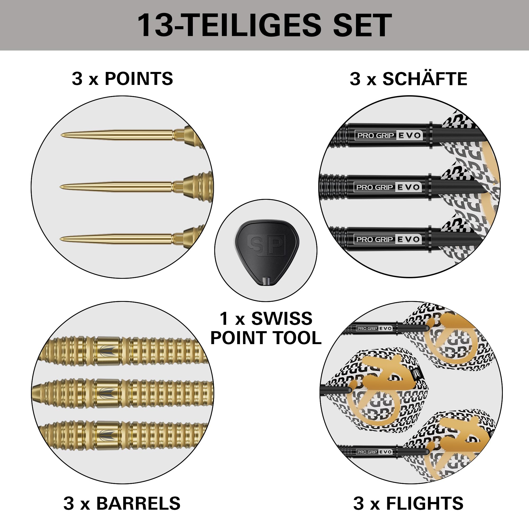 Target Darts Bolide Envy 90% Tungsten Swiss Point Steel Tip Dart Set (Barrel 01/02/03/04/05), 21G/22G/23G/24G/25G/26G | Nr. 6 Flights & Pro Grip EVO-Schaft, Gold Swiss Points & SP-Werkzeug