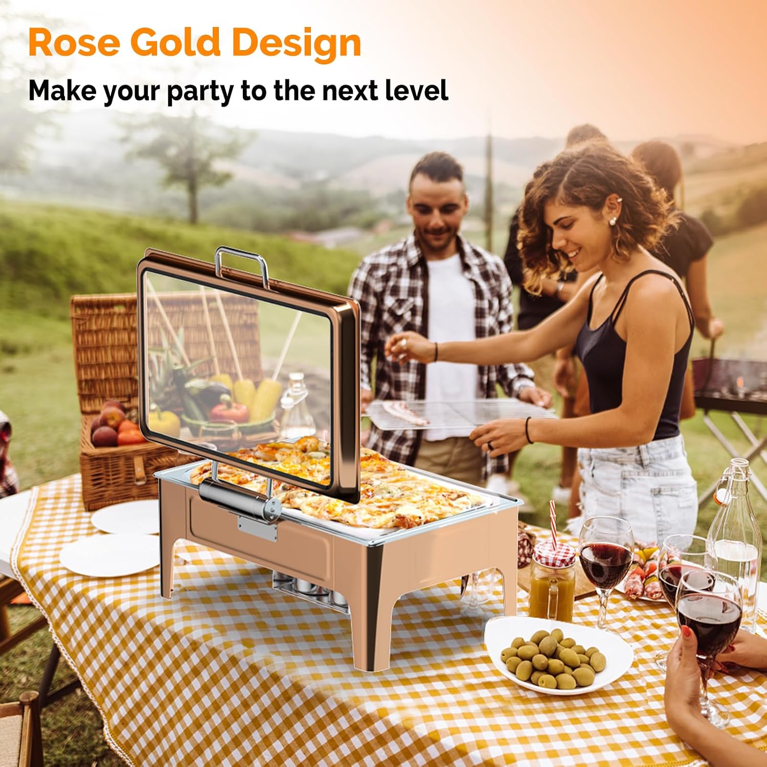 ROVSUN 9QT Chafing Dishes for Buffet,3 Pack Roll Top Chafing Dish Buffet Set,Rectangular Chafers and Buffet Warmers Sets with Glass Lid & Serving Tong for Parties Weddings Catering Events, Rose Gold