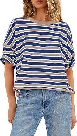 Panadila Womens Striped Shirt Short Sleeve Tops Summer Casual Oversized Tshirts Crew Neck Boxy Tee Basic