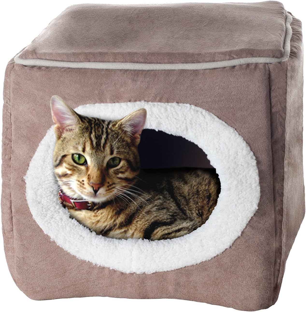 Round Hole Square Pet Room _ Foldable Round Hole Square Pet Room Warm Kennel Plush Cat Nest Cat Warm House,Grey