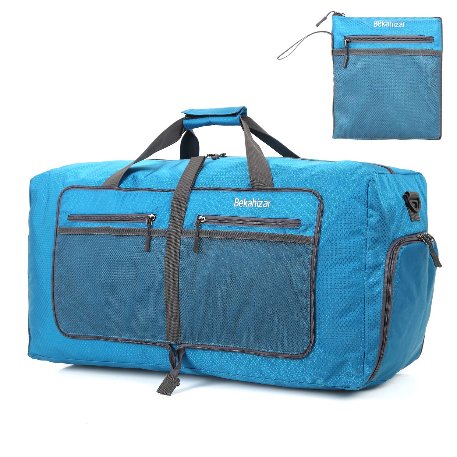 Bekahizar Lightweight Foldable Travel Bag 60L Large Travel Duffle Bag Overnight Bags Packable Travel Luggage Gym Sports Bag with Shoe Compartment for Men Women Aeroplane Camping Travel Holiday, blue,