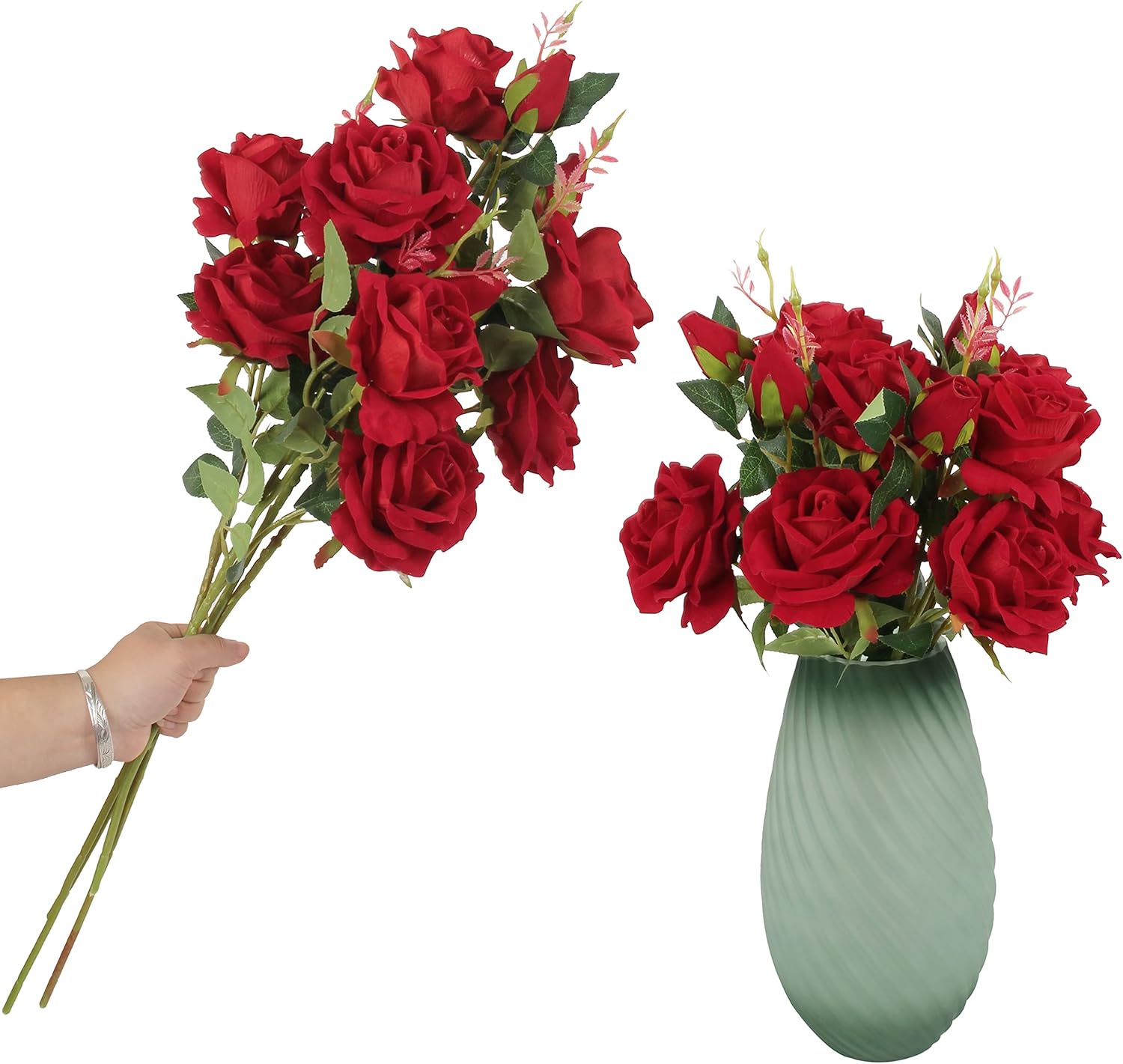 6pcs Artificial Rose Flowers,26 Inch Long Stem with 2 Velvet Faux Roses and 1 Rose Bud, Artfficial Flowers for Home Decor Centerpiece,DIY Bouquet Wreath Supply,Red