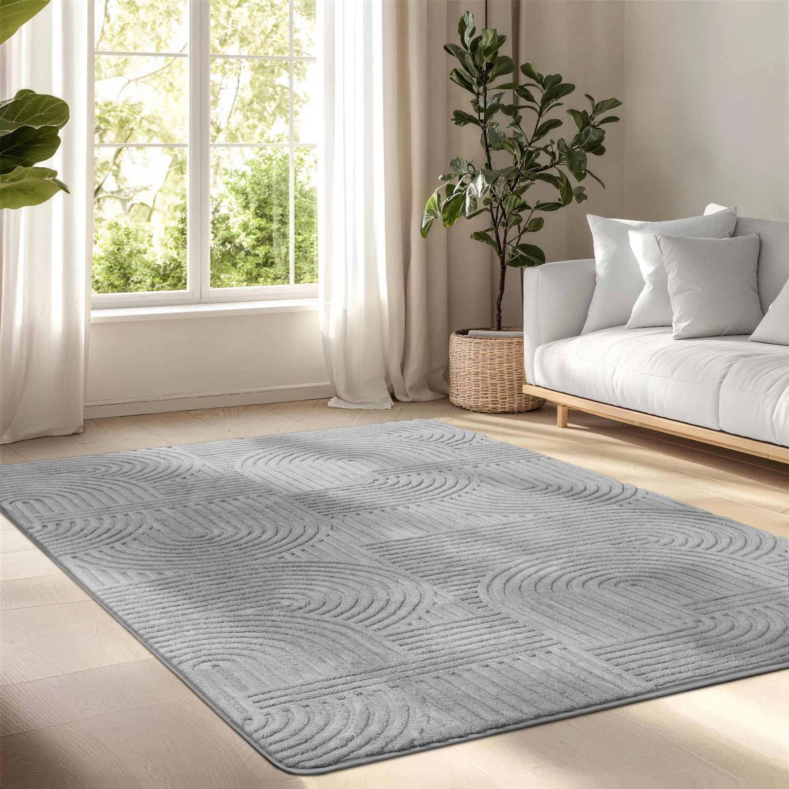 BYBSRLL Rugs Living Room 120 x 180cm, Light Grey Soft Fluffy Area Rugs for Bedroom, Non Slip Washable Modern Geometric Rug Living Room Low Pile Floor Carpet Mat for Kids Room Kitchen Office, Curve