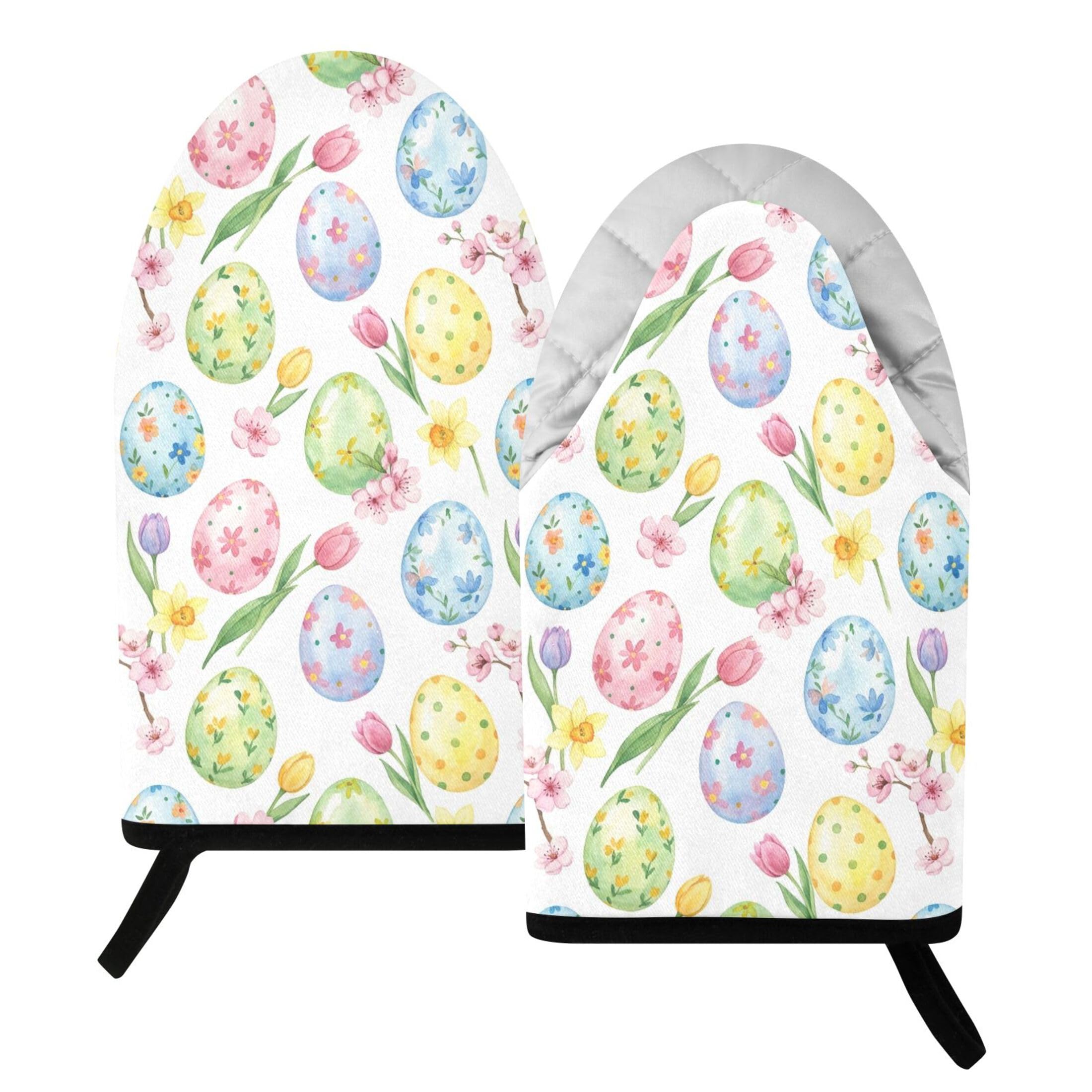 Kutsu Colored Watercolor Easter Eggs Oven Mitts for Kitchen, Heat Resistant Cotton Oven Gloves for BBQ Baking Cooking, Breathable Kitchen Essentials, 2 pcs