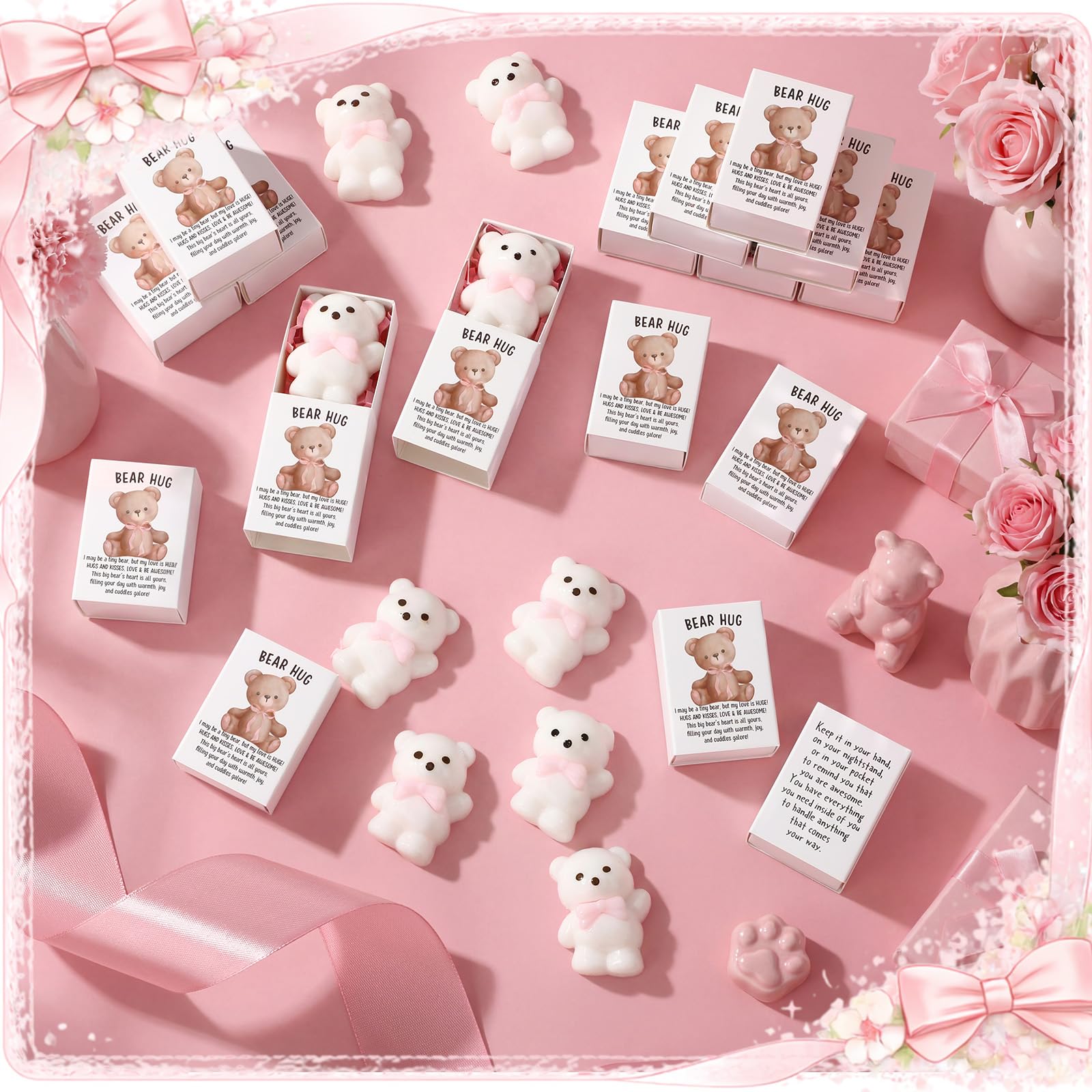 Set di 48 orsetti con fiocco rosa, idea regalo per feste